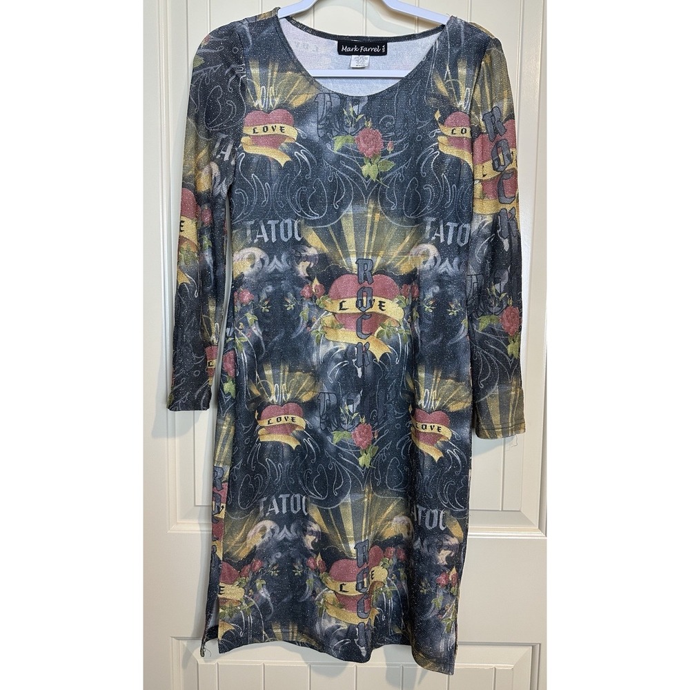 Mark Farrel Y2K Ed Hardy Inspired long sleeve stretch dress Rock Love sz M GUC